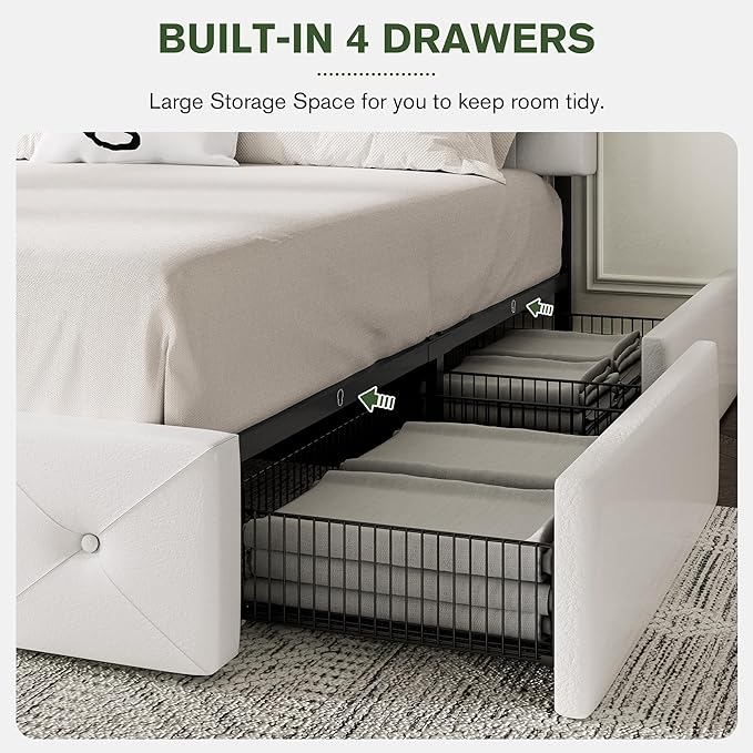 MUTICOR Full Size Bed Frame with 4 Storage Drawers, Upholstered Platform Bed with Button Tufted Adjustable Headboard, No Box Spring Needed, Easy Assembly, Diamond Tufted, White Leather