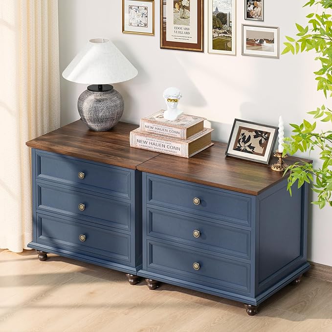 24" Wide Farmhouse Night Stand Set of 2,Large End Table with 3 Drawers & Metal Handle,Blue Dresser for Bedroom,Bed Side Table Chest of Drawers Cabinet,Wood Nightstand for Living Room,Closet