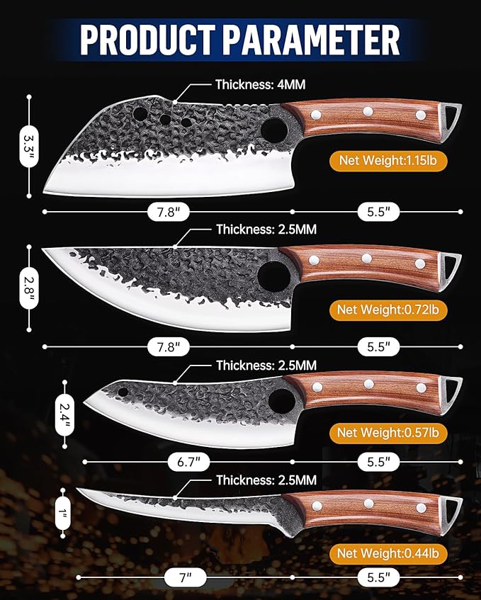 Butcher Knife Set, KITNATS 4PCS Hand Forged kitchen knives Set-Meat Cleaver Knife & Serbian Chef Knives & Vegetable Knives & Boning Knifes, Viking Knives for Kitchen, Outdoor Cooking, BBQ Gift for Men