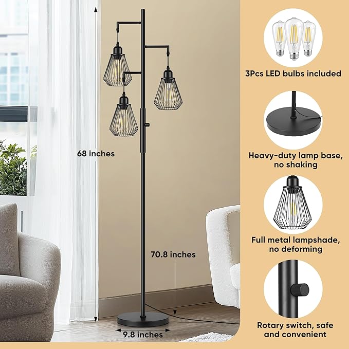 QiMH Industrial Floor Lamps for Living Room, Tree Standing Lamp with Stepless Dimmable, 68" Modern Tall Lamps for Bedroom Study Home Office, Rotary Switch, 3 LED Bulb Included, Black