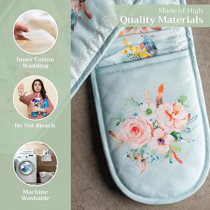 Maison d' Hermine Double Oven Mitts 100% Cotton 7"x35" Double Oven Mitt Heat Resistant BBQ Cooking Gloves with Loop, Baking, Grilling, Home, Kitchen, Handling Hot Pans Spring Summer (Ibiza)