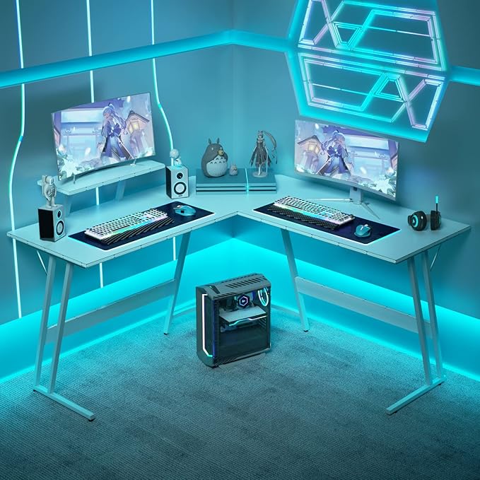 Homall L Shaped Gaming Desk Computer Corner Desk PC Gaming Desk Table with Large Monitor Riser Stand for Home Office Sturdy Writing Workstation (Blue, 51 Inch)