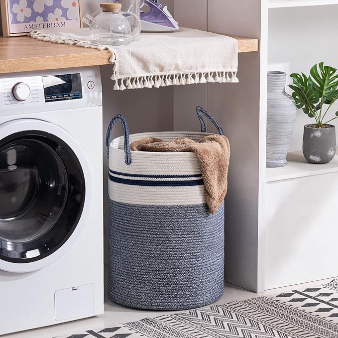 Woven Rope Laundry Hamper Basket, 72L Tall Laundry Basket, Baby Nursery Hamper for Blanket Storage in Bedroom-Large-Blue