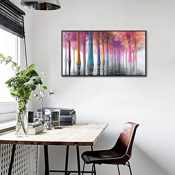 JEAWA Lake Framed Wall Art, Colorful Tree Wall Paintings Large Forest Grey Landscape Canvas Pictures Ready to Hang Bathroom Living Room Bedroom Kitchen Home Office Decor 20x40 IN