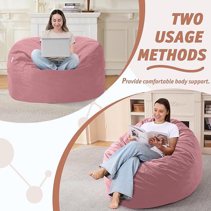 3FT Bean Bag Chair with Ultra Soft Velvet Cover Bean Bag Sofa with Memory Foam Bean Bag Chairs with Large Size Lazy Sofa for Dorm Office Living Room Bedroom Soft Pink 3'