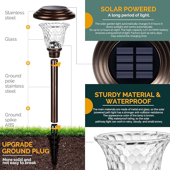 GIGALUMI 8 Pack Solar Pathway Lights, Solar Garden Lights Outdoor Warm White, Waterproof Led Path Lights for Yard, Patio, Landscape, Walkway (Brown)