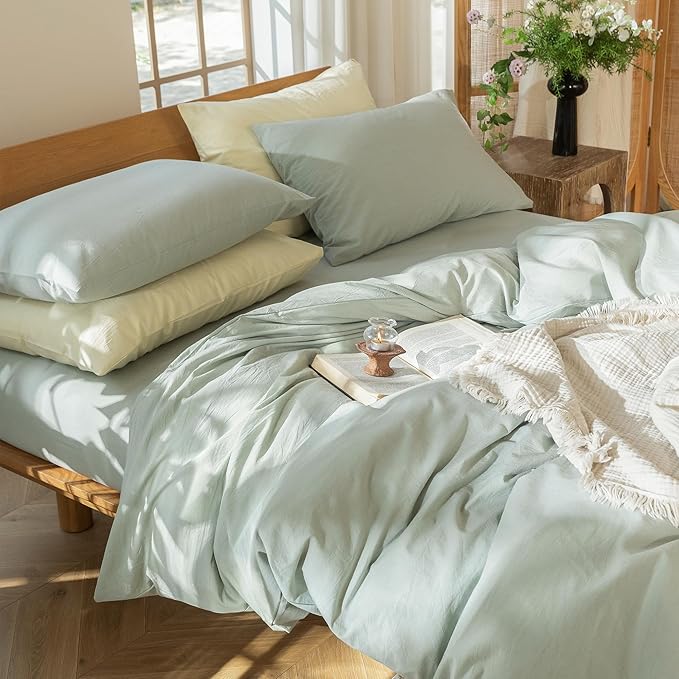 MooMee Bedding Duvet Cover Set 100% Washed Cotton Linen Like Textured Breathable Durable Soft Comfy (Heathered Sage Green, Full 80"x90")