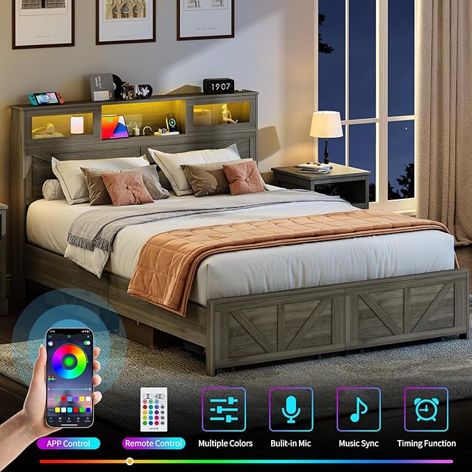 Yoobure Farmhouse Queen Bed Frame with Headboard - Bed Frame Queen Size with Charging Station & LED Lights, Wood Bedframe Queen-Size with 2 Storage Drawer, Platform Beds, No Box Spring Needed, Grey