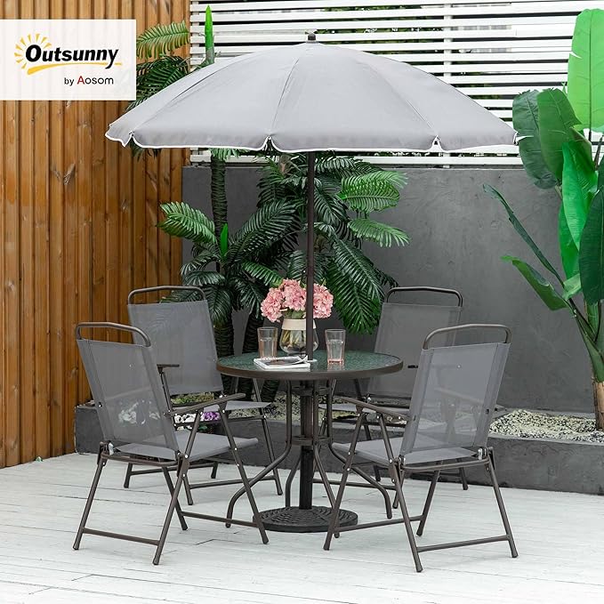 Outsunny 6 Piece Patio Dining Set for 4 with Umbrella, Outdoor Table and Chairs with 4 Folding Dining Chairs & Round Glass Table for Garden, Backyard and Poolside, Gray