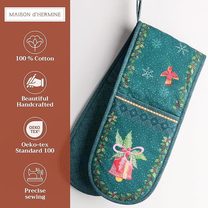 Maison d' Hermine Double Oven Mitt (7" x 35") 100% Cotton Heat Resistant BBQ Cooking Gloves with Loop for Thanksgiving Christmas Decorations Baking Cooking Barbeque Handling Hot Pan (Hygge Christmas)