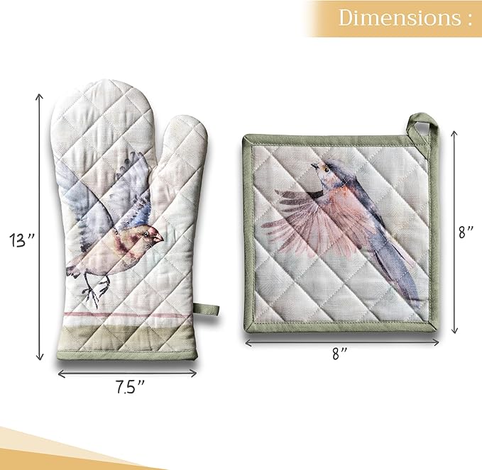 Maison d' Hermine 100% Cotton Oven Mitt & Pot Holder Set (7.5"x13" & 8"x8") Heat Resistant BBQ Cooking Gloves with Loop, Baking, Grilling, Kitchen, Handling Hot Pans Spring/Summer (Flying Birds)