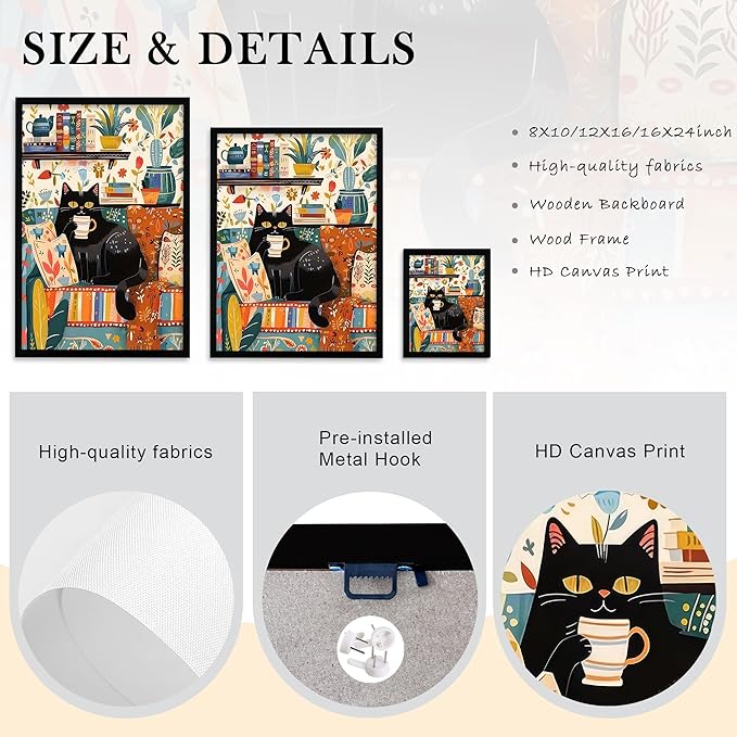 Framed Vintage Cat Canvas Wall Art, Funny Pink Animal Reading Books Painting Picture Print, Cute Kitten Lovers Aesthetic Wall Decor for Nursery Girls Room Bedroom Kids Room 16''L x 12''W