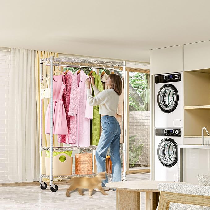 Heavy Duty Rolling Garment Rack 3 Tiers Adjustable Wire Shelving Clothes Rack with 1 Rods and Side Hooks,Storage Closet Clothing Rack with Wheels Chrome 15.7" D x 45.3" W x 75.6" H