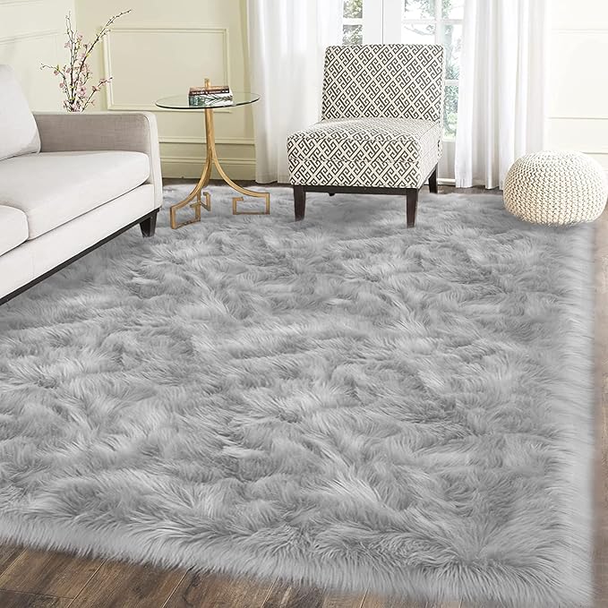 Latepis 12x12 Carpet Grey Faux Fur Rug for Living Room and Bedroom Large Fluffy Rugs Shaggy Fuzzy Rug for Sofa Office Bedroom Home Décor Entertainment Room, Square