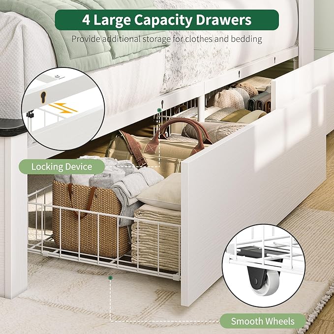 Yoobure Full Size Bed Frame with Headboard - Farmhouse Wood Bed Frames with 4 Storage Drawers, Platform Beds with Charging Station & LED Light, No Noise Double Bedframe, No Box Spring Needed, White