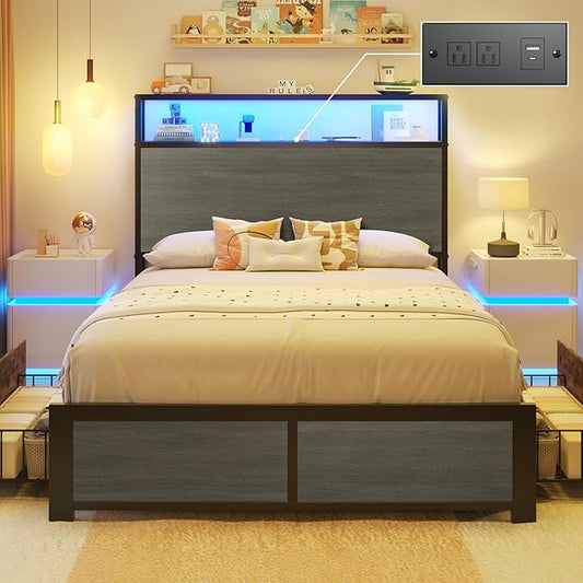 Lifezone Twin Bed Frame with 2-Tier Storage Headboard, Metal Platform Bed Frame with 4 Storage Drawers, Built in Charging Station & LED, Noise-Free/Metal Support/No Box Spring Needed, Rustic Grey