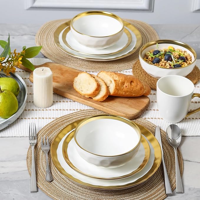 vicrays Ceramic Salad Bowls Set for Kitchen, Serving - 24 Ounce Soup Bowls, Pasta Bowls, Chip Resistant, Dishwasher Safe, NOT Microwave Safe, Fluted, Stoneware, Set of 6 (White with Golden)