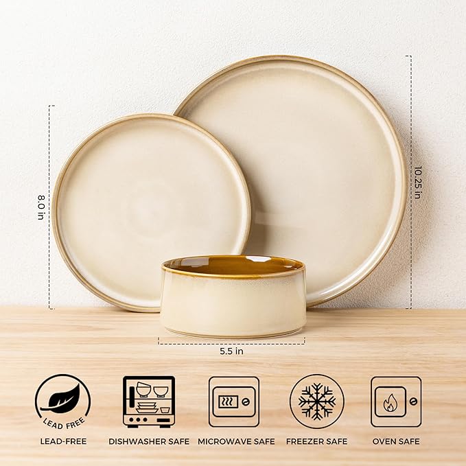 LERATIO Ceramic Dinnerware Sets for 4,Round Reactive Glaze Ceramic Plates and Bowls Set,Highly Chip and Crack Resistant | Dishwasher & Microwave Safe Dishes Set,Service for 4 (12pc)-Kahki