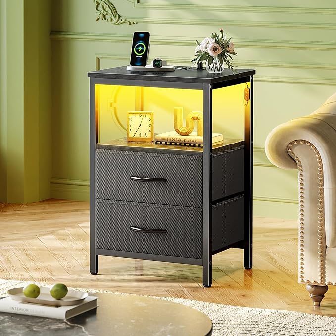 Huuger Night Stand with Charger Station and LED Lights, 2 Drawer Nightstand, Bed Side Table with Open Shelf, End Table, Fabric Dresser for Bedroom, Black