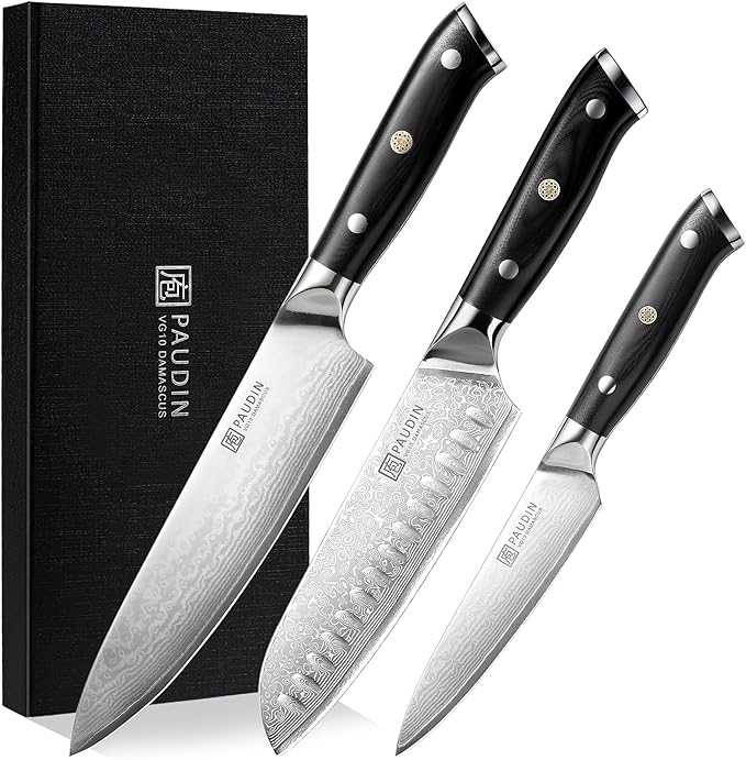 PAUDIN Damascus Knife Set 3 PCS, Japanese VG10 Steel Core, Ultra Sharp Chef Knife Set, Full Tang G10 Handle, Damascus Kitchen Knives