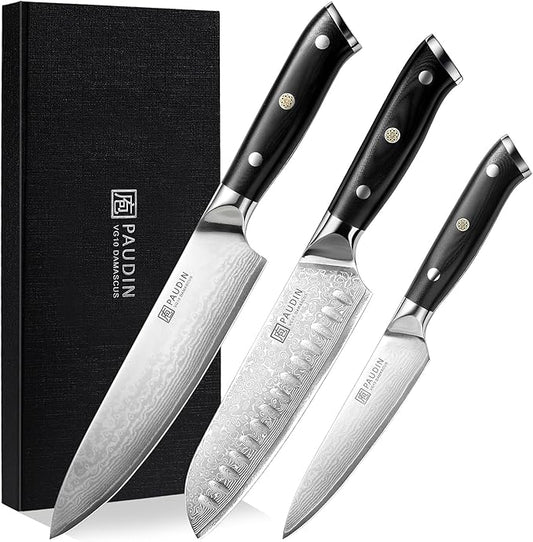 PAUDIN Damascus Knife Set 3 PCS, Japanese VG10 Steel Core, Ultra Sharp Chef Knife Set, Full Tang G10 Handle, Damascus Kitchen Knives