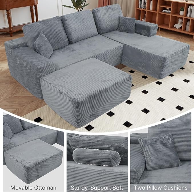 Rovibek 108” Modular Sectional Sofa with Chaise, Boneless Couches for Living Room with Deep Seat & Throw Pillow, Comfy Corduroy Fabric U Shaped Couch, No Assembly Required, Grey