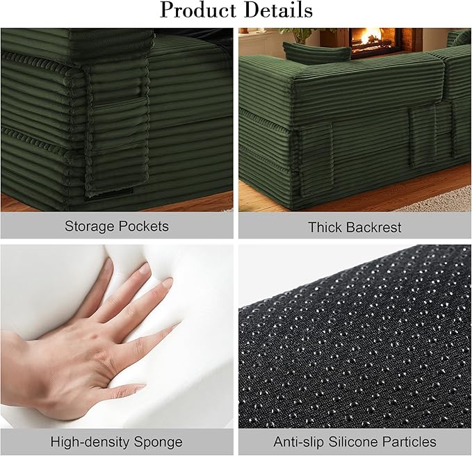 Sectional Boneless Couch Convertible Sofa Bed,78'' Modular Sectional Sleeper Sofa with Removable Armrests & 3 Pillows,Small Floor Couch No Assembly Needed for Living Room, Office, Bedroom,Light Green