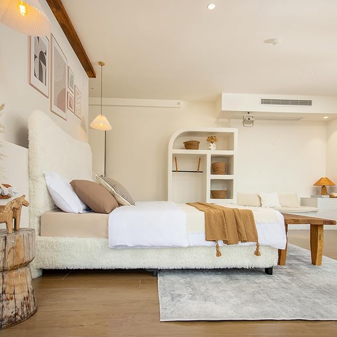 Brafab Full Bed Frame with Headboard, Boho Fluffy Boucle Cloud Upholstered Platform Bed with Soft Rounded Corners and Wooden Slats, No Box Spring Needed, Noise Free, Easy Assembly, Beige