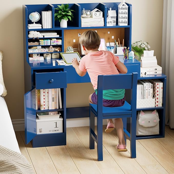 Blue Wooden Kids Desk and Chair Set,Kids Study Table and Chair Set with 4 Storage Open Shelves,Kids Study Desk with 2 Drawers & 4 Cabinet,Girls Study Desks for Kid with Hutch for Bedroom-4VhsXU