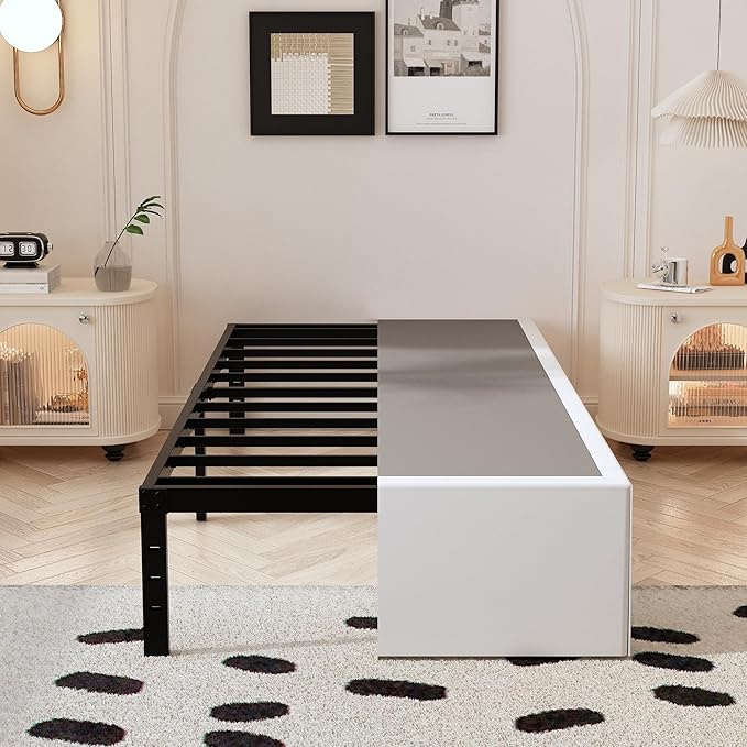 14 Inch XL Twin Bed Frame with White Fabric Cover, Heavy Duty Metal Twin XL Platform Bed Frame, No Box Spring Needed, Support Up to 2500 lbs, Easy Assembly, Noise Free, Black