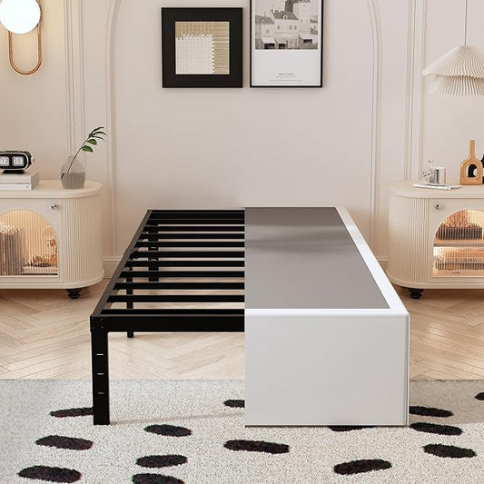 14 Inch XL Twin Bed Frame with White Fabric Cover, Heavy Duty Metal Twin XL Platform Bed Frame, No Box Spring Needed, Support Up to 2500 lbs, Easy Assembly, Noise Free, Black