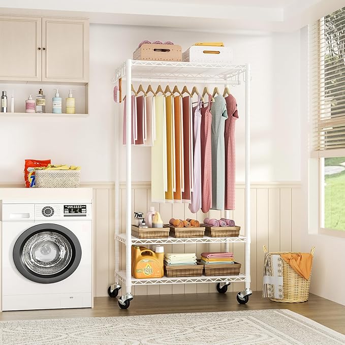 FUTASSI P6 Rolling Clothes Rack Heavy Duty, Clothing Racks for Hanging Clothes, Freestanding Garment Rack with Wheels, Portable Closet Rack Max Load 380 LBS, 35.5'' W x 14'' D x 74.6'' H, White