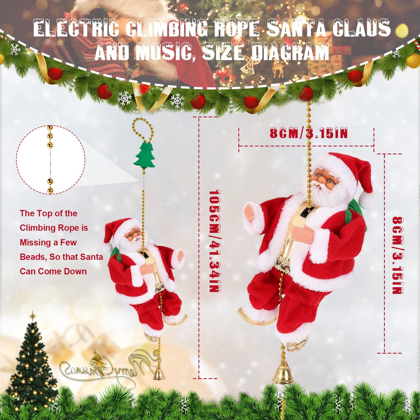 Gfilay 2025 Upgraded Climbing Santa with Music, Animated Electric Santa Claus on Rope, Musical Christmas Tree Ornament, Battery Operated Holiday Decoration Gift