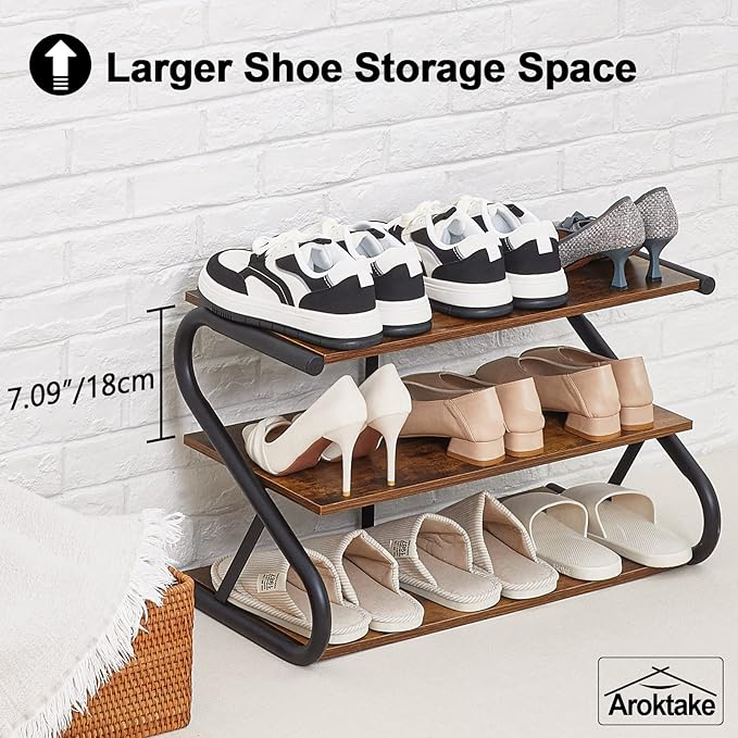 3-Tier Shoe Rack, Z-Frame Wooden Shoe Shelf with Durable Metal Shelves for Hallway, Living Room, Closet, Bedroom (Rustic)