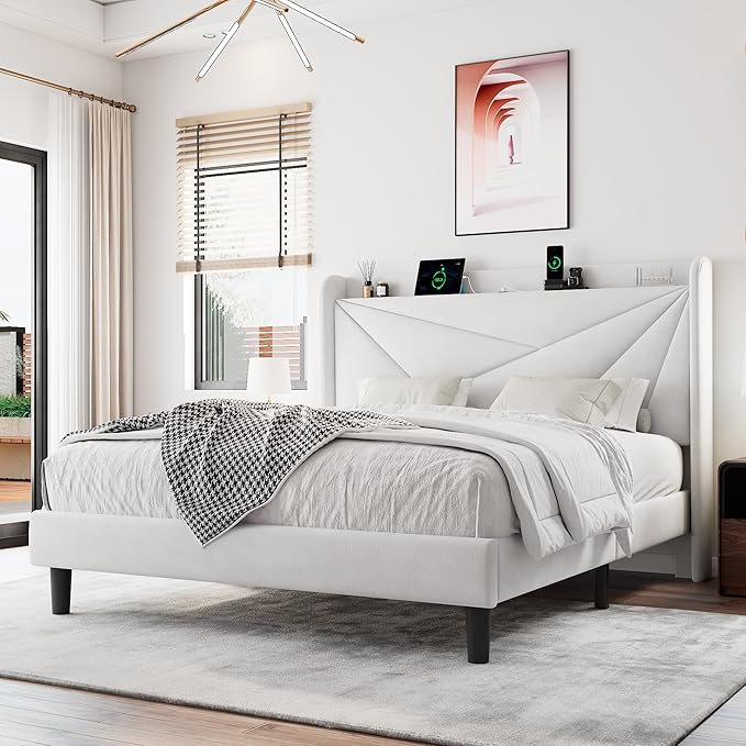 Full Size Upholstered Bed Frame with Charging Station, Platform Bed Frame with Storage Headboard, Solid Wood Slats Support, No Box Spring Needed, White