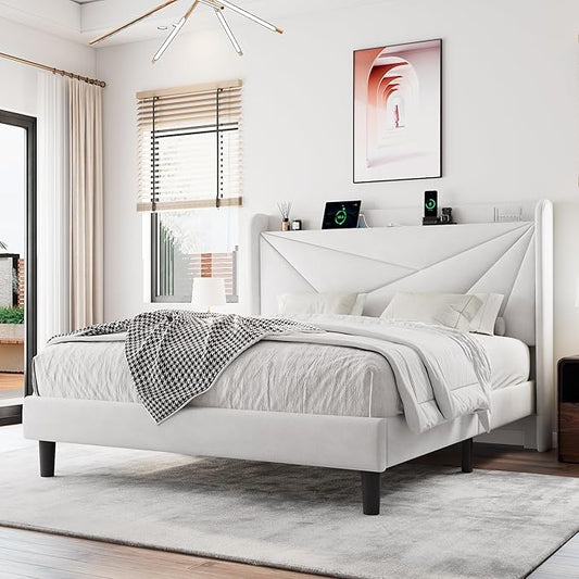 Queen Size Upholstered Bed Frame with Charging Station, Platform Bed Frame with Storage Headboard, Solid Wood Slats Support, No Box Spring Needed, White