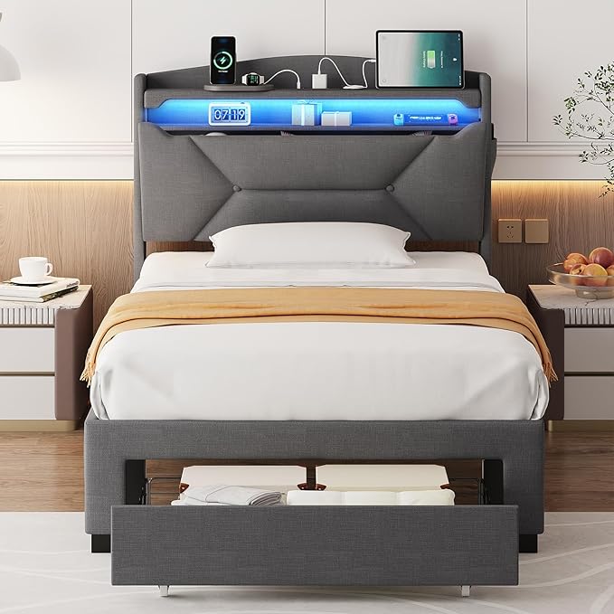Twin Bed Frame, Twin Bed Frames with Storage Headboard, Upholstered Twin Size Bed Frame with Drawers, Charging Station and LED Lights, Easy Assembly, Grey