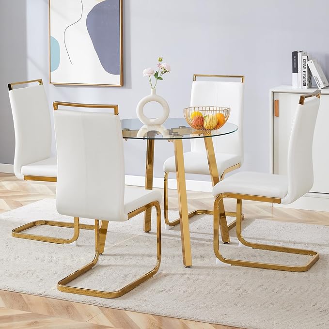 Round Dining Table Set for 4,36" Glass Dining Table Set for 4 with Stainless Steel Leg,Small Kitchen Table Set for 4 with Cushion Chairs,5 Piece Dining Table Sets Space Saving