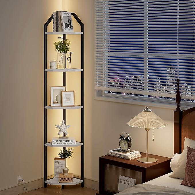70 Inch Corner Shelf with LED Lights, 5-Tier Corner Bookshelf for Small Spaces, Wood & Metal Storage Rack for Bedroom, Living Room, Office - Modern Space Saving Design- White