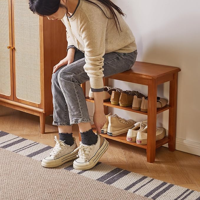 Wood Shoe Bench, 3 Tiers Shoe Storage Bench Height Adjustable, Entryway Bench for Hallway, Cherry Wood YD-WD05N