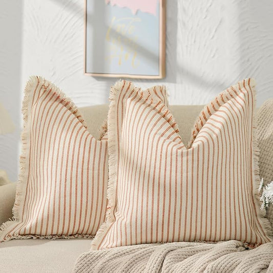 ZWJD Throw Fall Pillow Covers 22x22 Set of 2 Striped Pillow Covers with Fringe Chic Cotton Decorative Pillows Square Cushion Covers for Sofa Couch Bed Living Room Farmhouse Decor