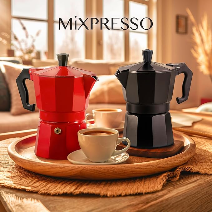 Mixpresso Black 3 Cup Moka Pot Cuban Coffee Maker, Moka Pot for Gas, Electric Stove Top, Classic Italian Coffee Maker, Stovetop Espresso Maker, Camping Pot Makes 3 Espresso Cup 5 Oz - Mug 4.4 Oz