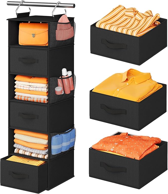 Pipishell Hanging Closet Organizer 6-Shelf, Hanging Shelves for Closet with 3 Removable Drawers & Side Pockets, Hanging Shelf Organizer for Bedroom or Garment Rack, 12'' x 12'' x 43.3'', Black