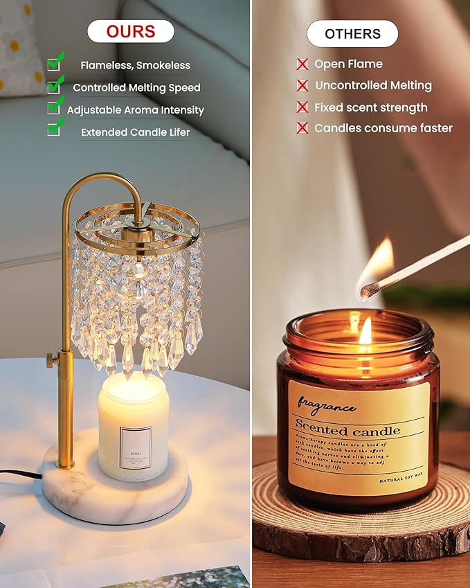Minimalist Crystal Candle Warmer with Timer Dimmer and 3 Bulbs, Adjustable Height Marble Base for Jar Candles, Ideal House Warming Gift