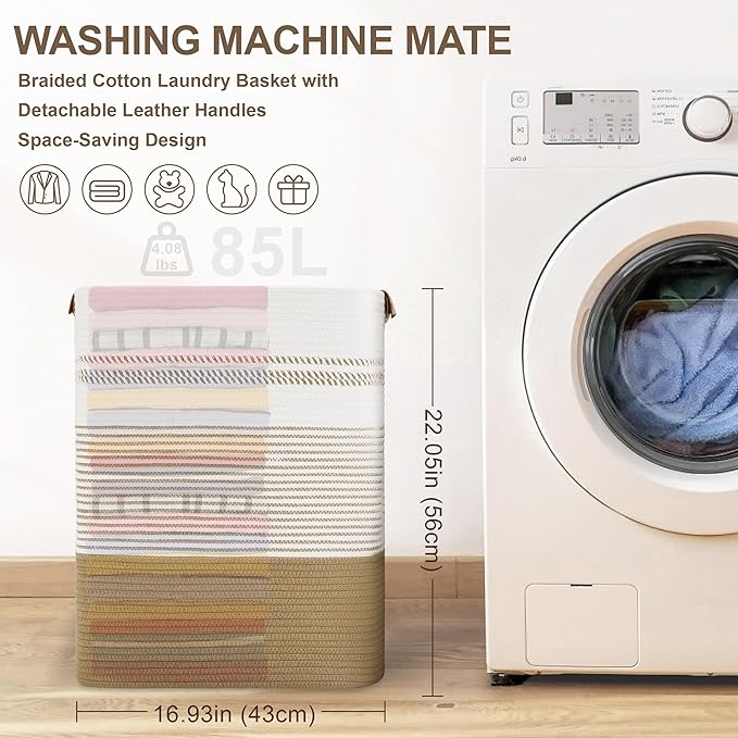 Laundry Hamper 85L Large Blanket Storage, Basket Blankets Living Room, Toys, Towel, Dirty Clothes in Bathroom, Bedroom, Tall Laundry Basket with Leather Handles, 17"x14"x22", Khaki