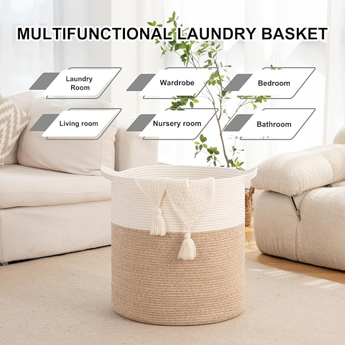 Laundry Basket, 100L Large Laundry Hamper, Tall Woven Rope Storage Basket for Blanket Toys Pillows Towels, Baby Nursery Hamper Bin for Living Room, Bedroom (Brown & White)