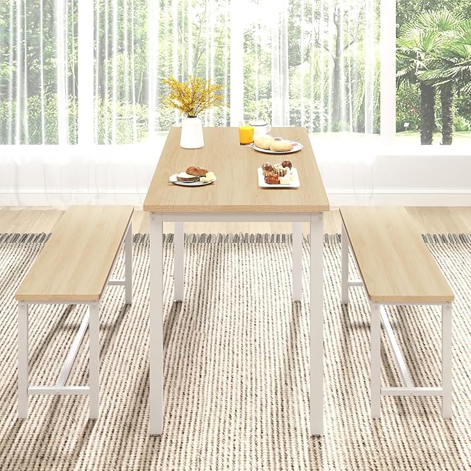 Rovibek 43" Dining Table Benches Set for 4, Modern Space Saving Kitchen Table Chairs & Adjustable Feet Breakfast Table 2 Benches, Wooden Industrial Style Farmhouse, White