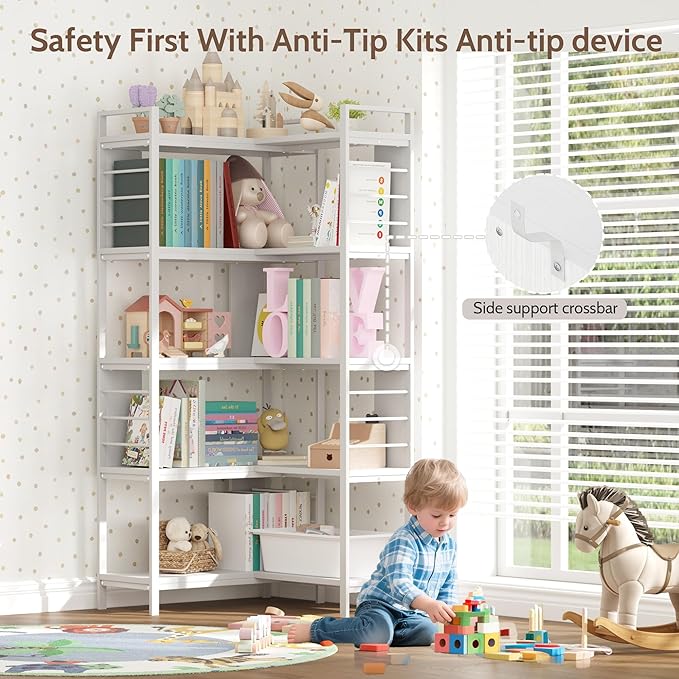 5 Tier Corner Bookshelf, Reversible Corner Shelf, Industrial Wooden Display Book Shelf Stand, L-Shaped Etagere Bookcase with Storage Shelves and Metal Frame for Living Room, Bedroom, Home Office