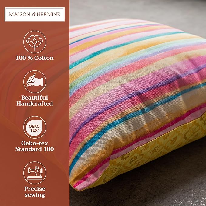 Maison d' Hermine Decorative Pillow Covers 18 x 18 Inch Square 100% Cotton Throw Pillow Covers with Invisible Zipper for Living Room Couch, Chair, Sofas, Bedroom, Home (Hesperides - Bayadere)