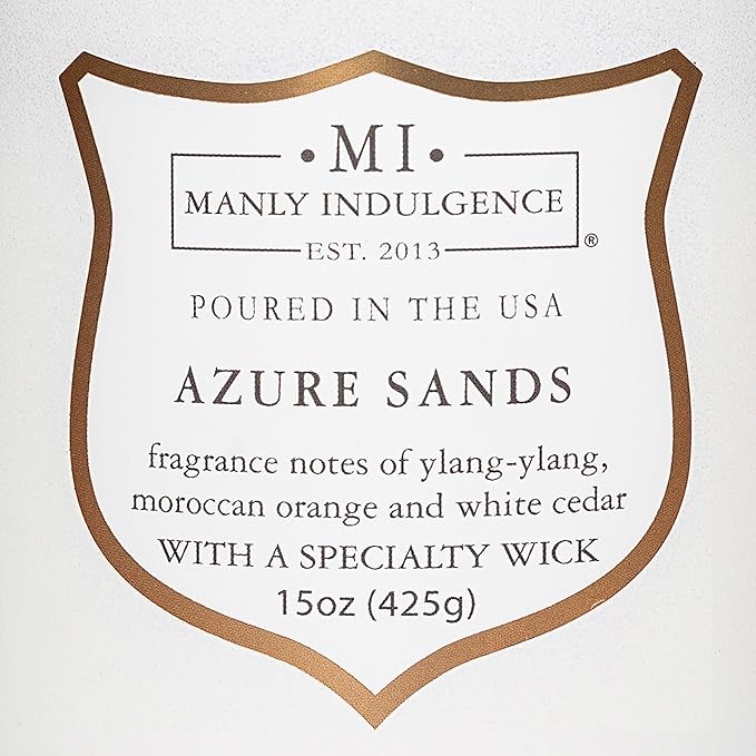 Manly Indulgence Azure Sands Scented Candles for Men, 15 oz Wooden Wick, Premium Soy Blend Wax, 60H Burn, Candles for Home Scented - Made in The USA